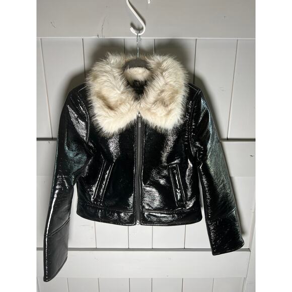 Unreal Fur Wet Look Black Aviator Jacket Size M NEW - Picture 6 of 11